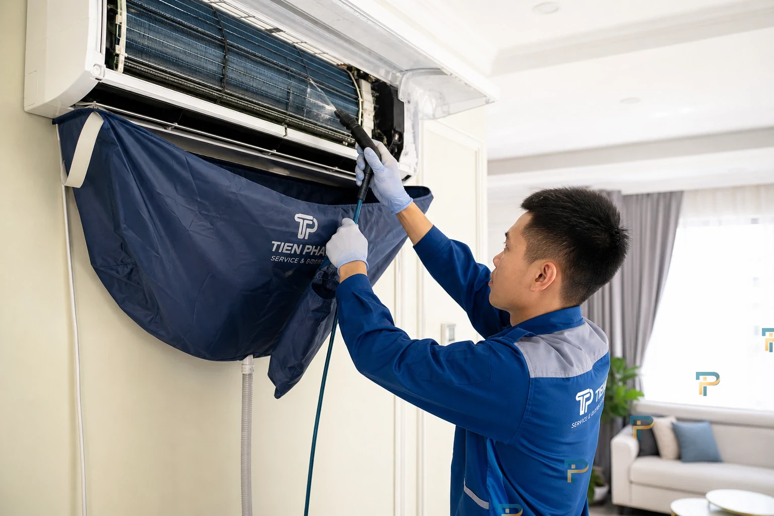 Thợ điện lạnh Tiến Phát đang vệ sinh dàn lạnh tại Vũng Tàu