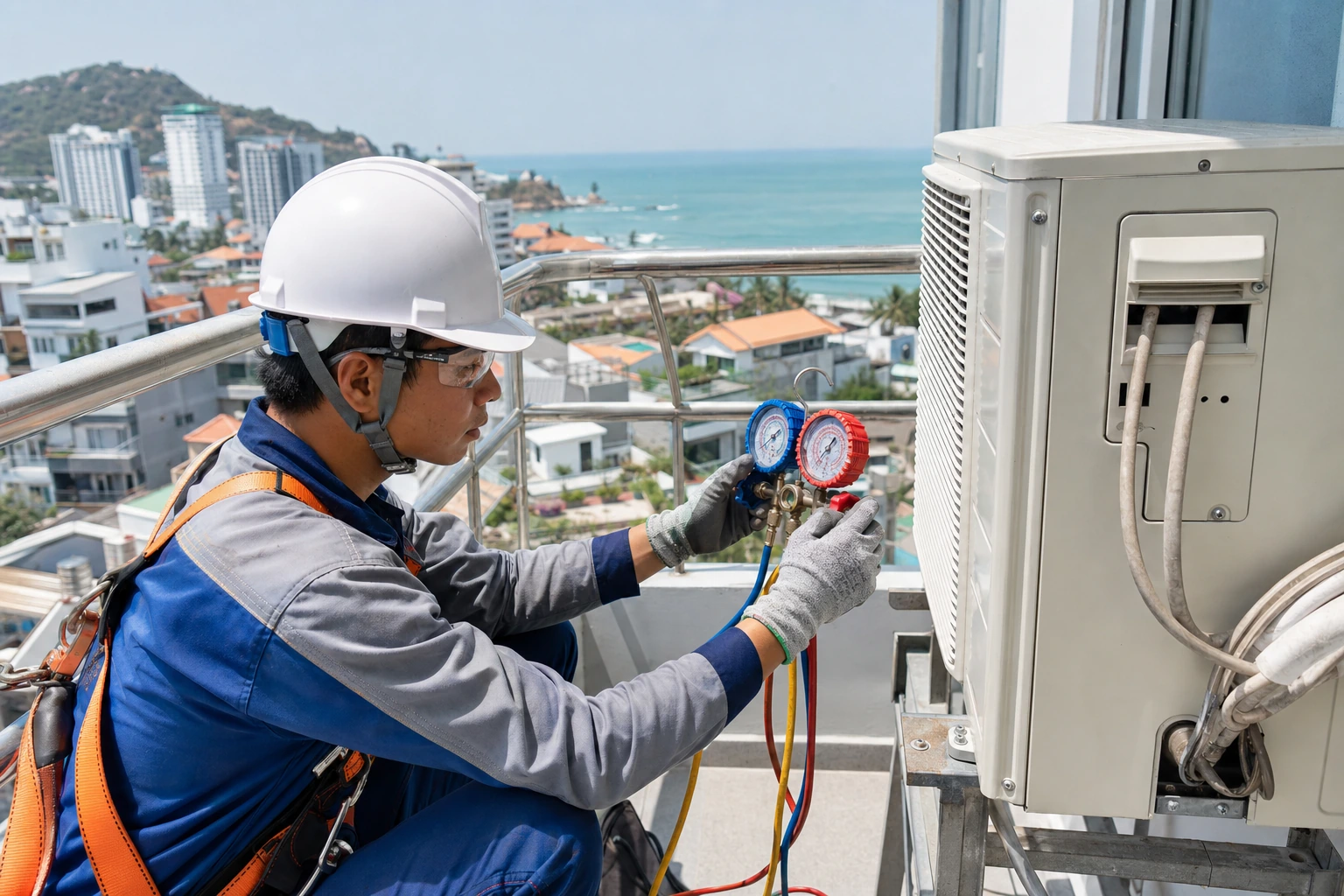 Kiểm tra dàn nóng máy lạnh ở Vũng Tàu