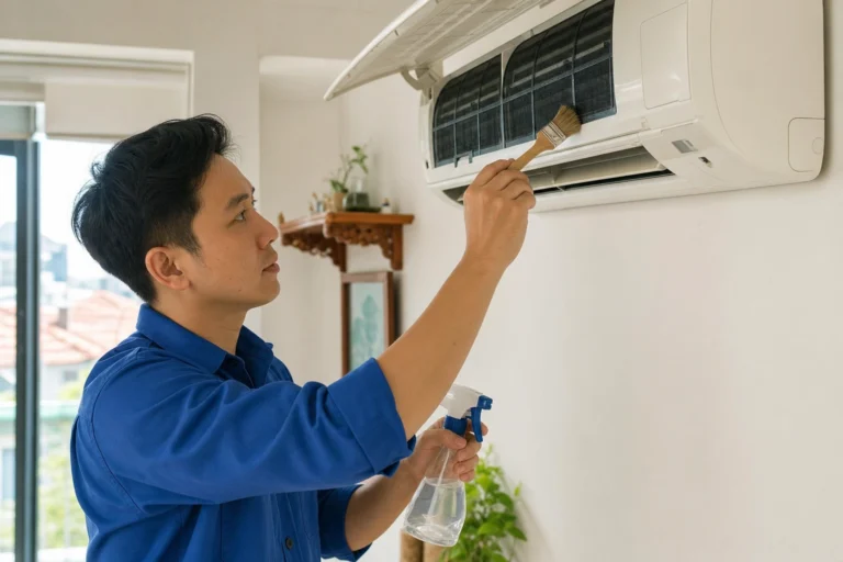 Kỹ thuật viên vệ sinh máy lạnh tại nhà mùa hè