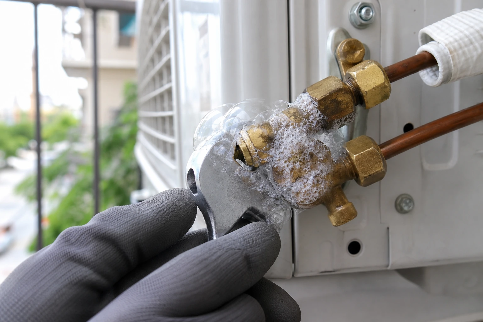 Kỹ thuật viên kiểm tra áp suất gas máy lạnh