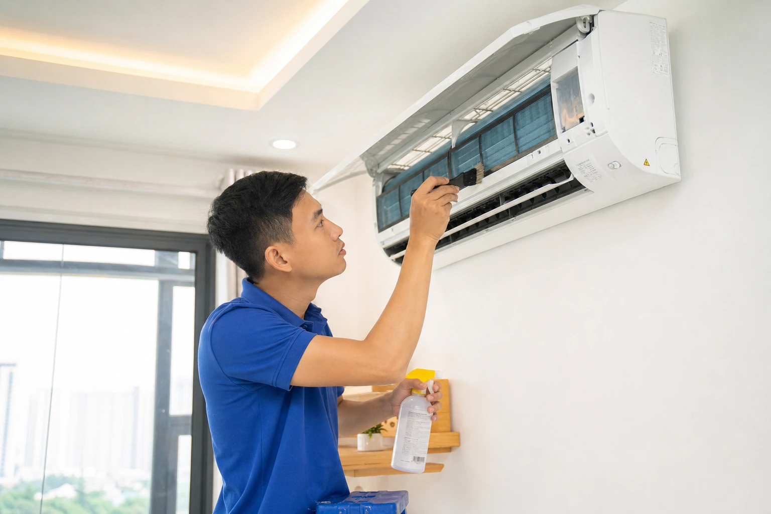 Người đàn ông đang vệ sinh máy lạnh treo tường tại nhà