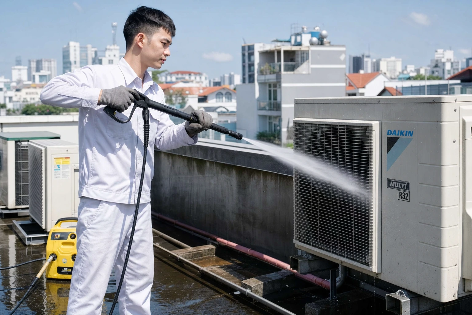 Thợ chuyên nghiệp vệ sinh máy lạnh bằng máy xịt áp lực tại Vũng Tàu