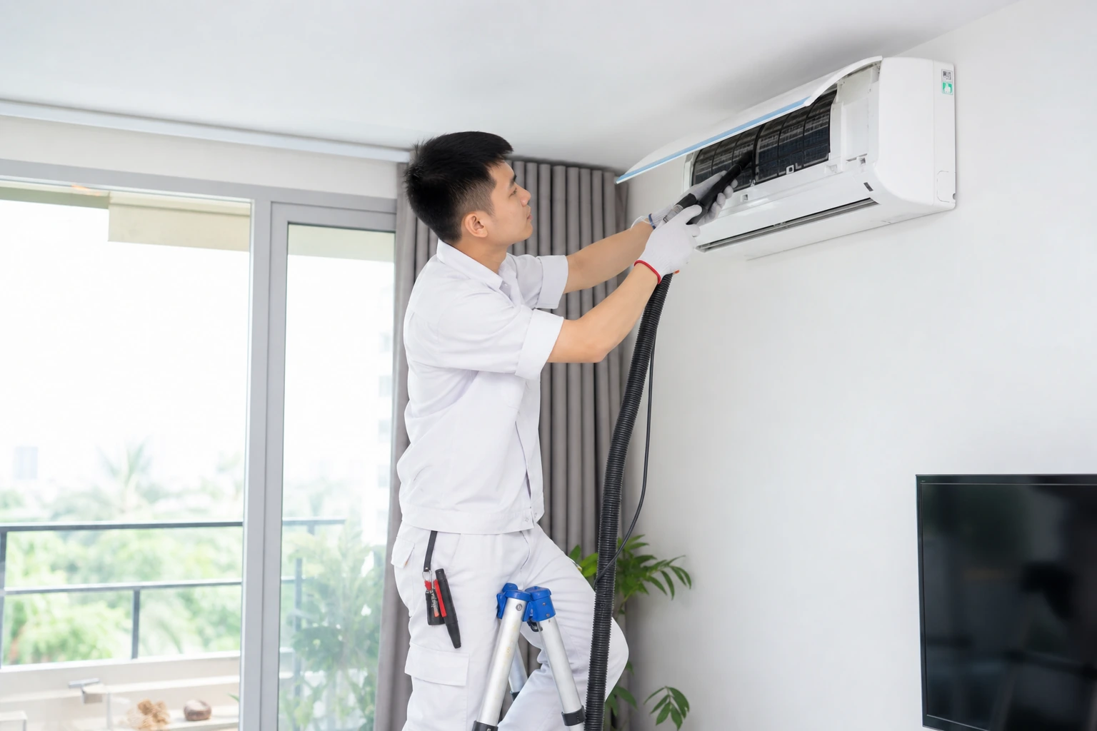 Thợ chuyên nghiệp kiểm tra và vệ sinh máy lạnh tại Vũng Tàu