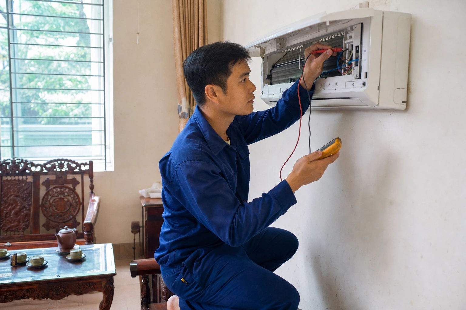 Kỹ thuật viên Điện Lạnh Tiến Phát kiểm tra và sửa lỗi E1 máy lạnh tại Vũng Tàu