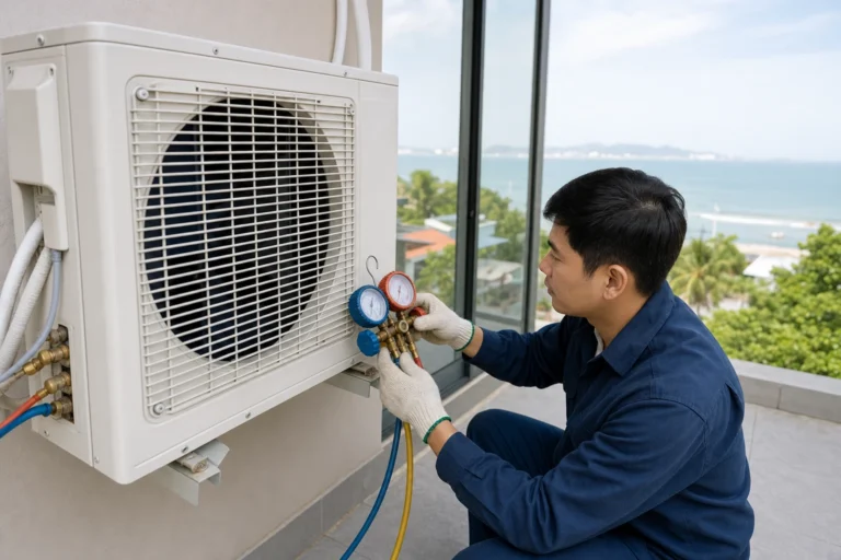 Kỹ thuật viên kiểm tra nguyên nhân máy lạnh bị thiếu gas và cách khắc phục