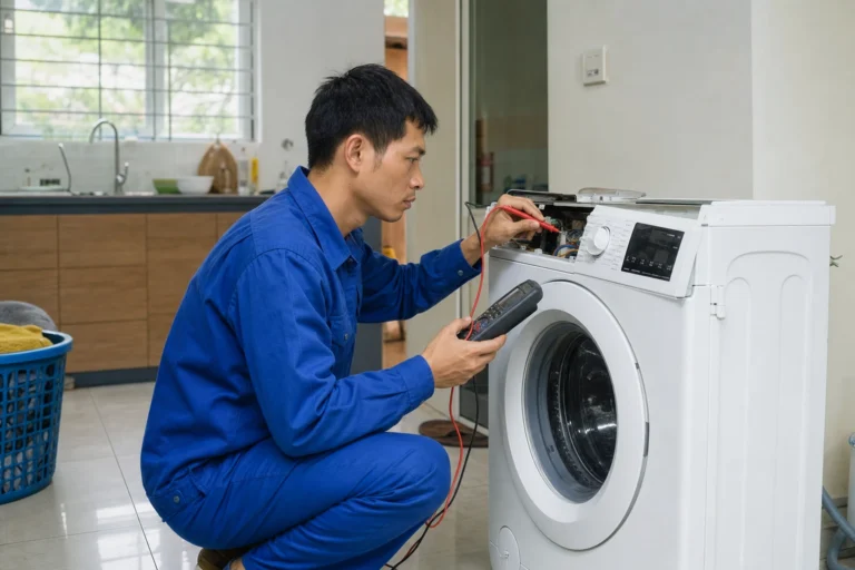 Kỹ thuật viên kiểm tra máy giặt không vào điện tại nhà khách hàng ở Vũng Tàu