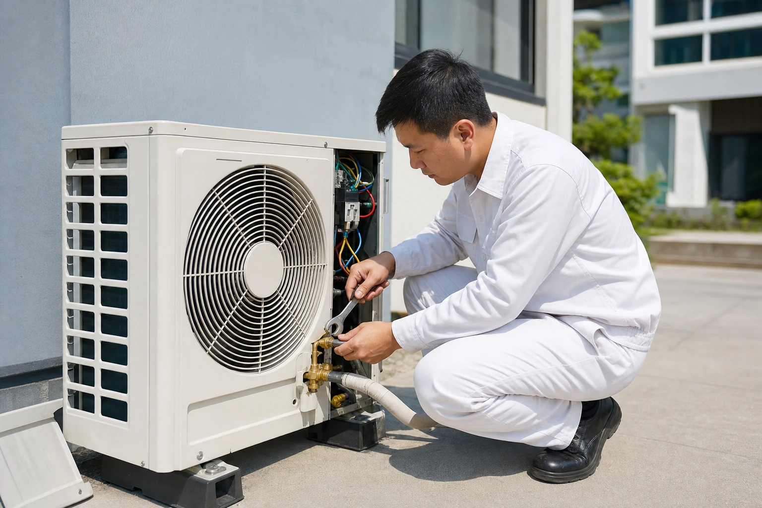 Thợ điện lạnh kiểm tra cục nóng máy lạnh tại nhà khách hàng Vũng Tàu