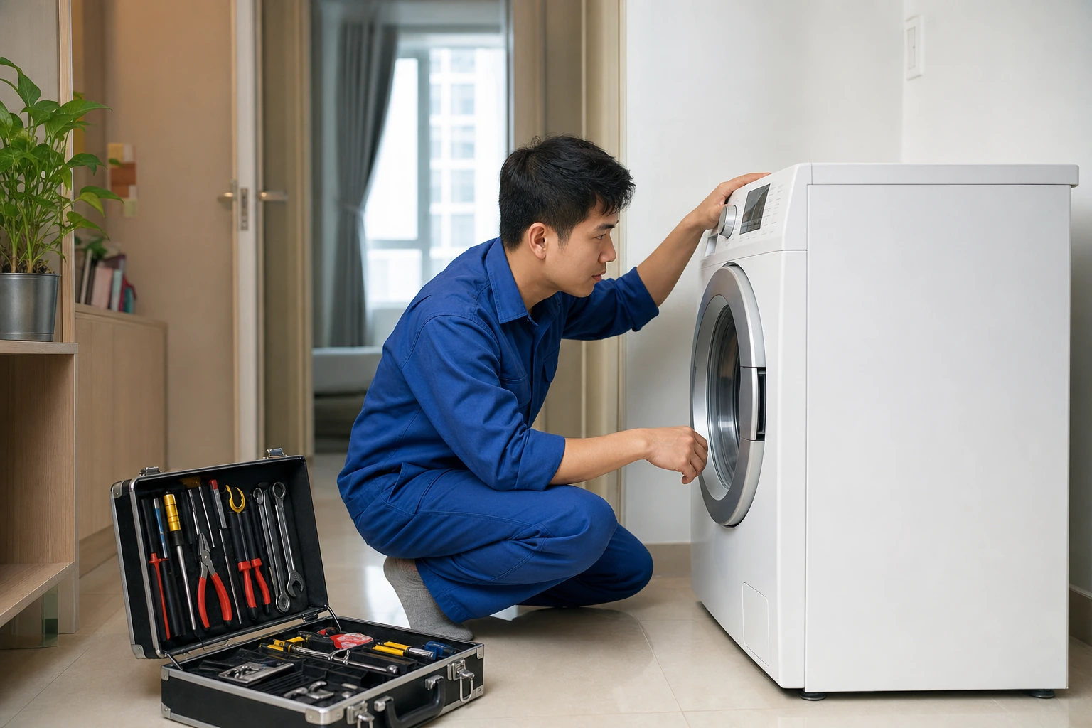 Thợ sửa máy giặt uy tín gần đây tại Vũng Tàu đang kiểm tra máy giặt tại nhà khách hàng
