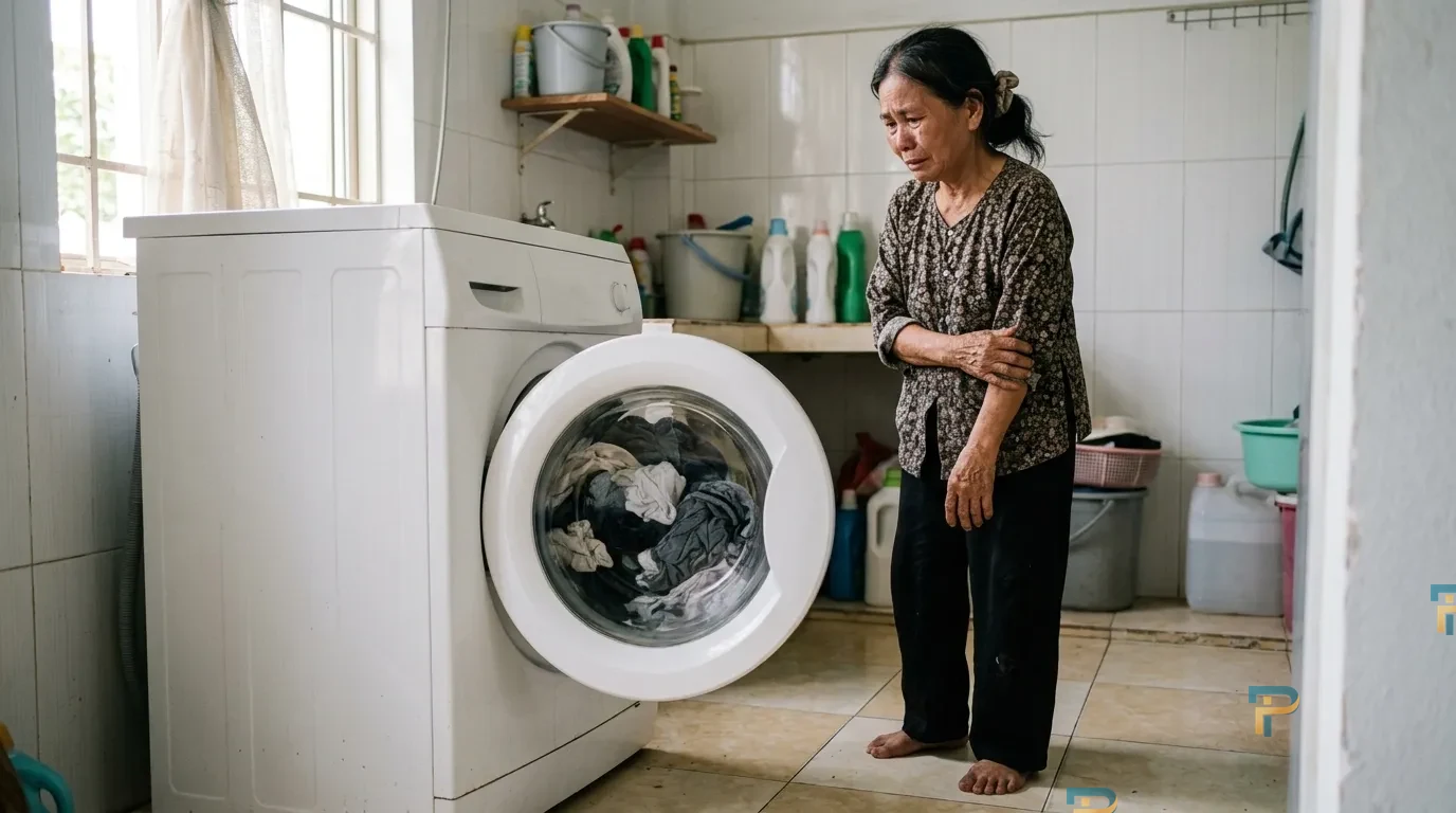 Sự cố máy giặt không vắt khiến quần áo ướt sũng