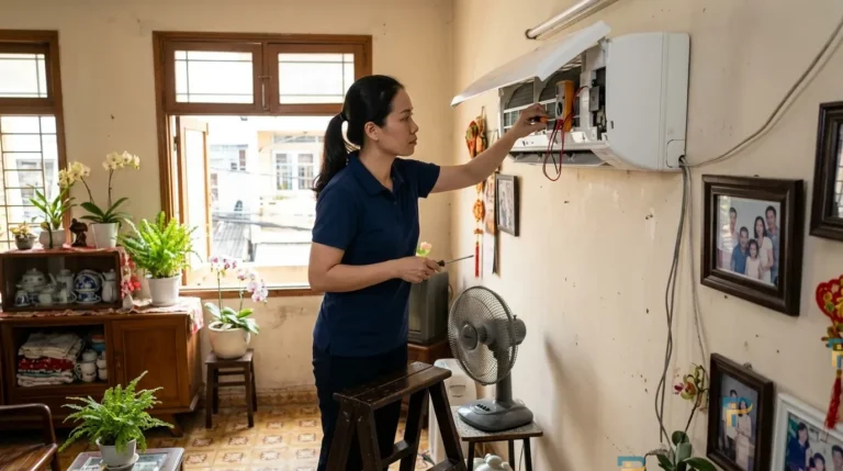 Kỹ thuật viên kiểm tra máy lạnh không lạnh tại nhà ở Vũng Tàu