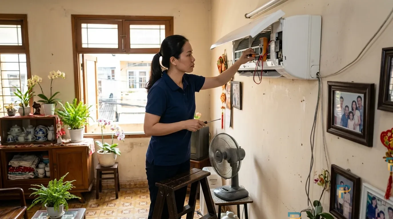 Kỹ thuật viên kiểm tra máy lạnh không lạnh tại nhà ở Vũng Tàu