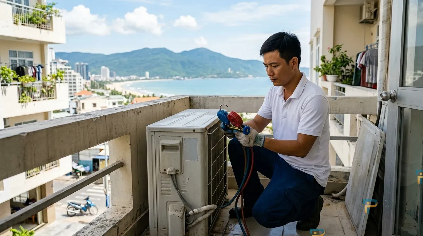 Thợ kiểm tra gas máy lạnh tại nhà ở Vũng Tàu