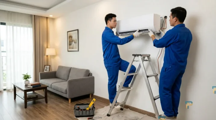 Thợ kỹ thuật đang thi công lắp đặt cục lạnh máy lạnh mới