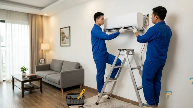 Thợ kỹ thuật đang thi công lắp đặt cục lạnh máy lạnh mới