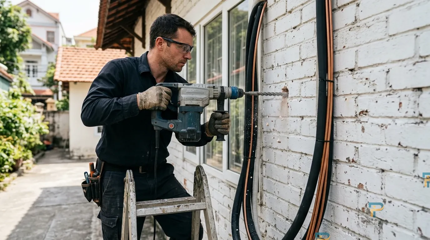 Khoan lỗ xuyên tường để đi ống đồng dẫn gas