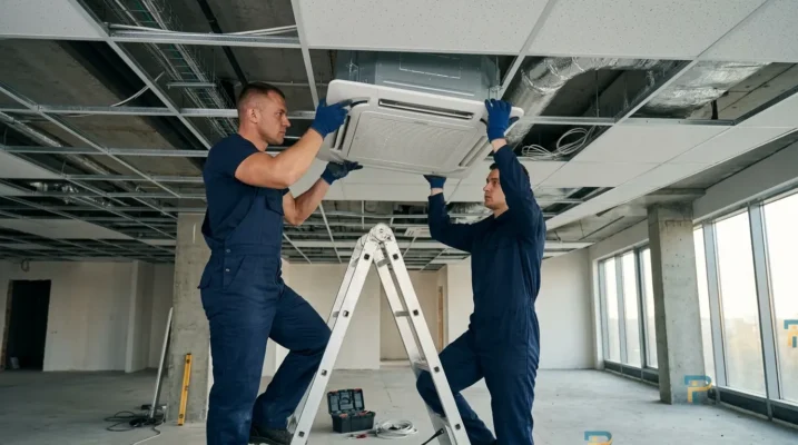 Thợ thi công đang nâng dàn lạnh âm trần lên vị trí lắp đặt