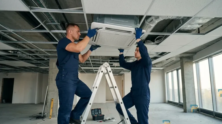 Thợ thi công đang nâng dàn lạnh âm trần lên vị trí lắp đặt