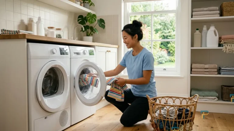 Người phụ nữ cho đồ vào máy giặt cửa trước đúng cách để tiết kiệm điện