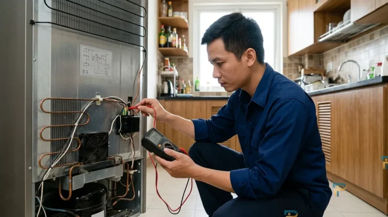 Thợ sửa chữa đang kiểm tra nguyên nhân tủ lạnh không lạnh