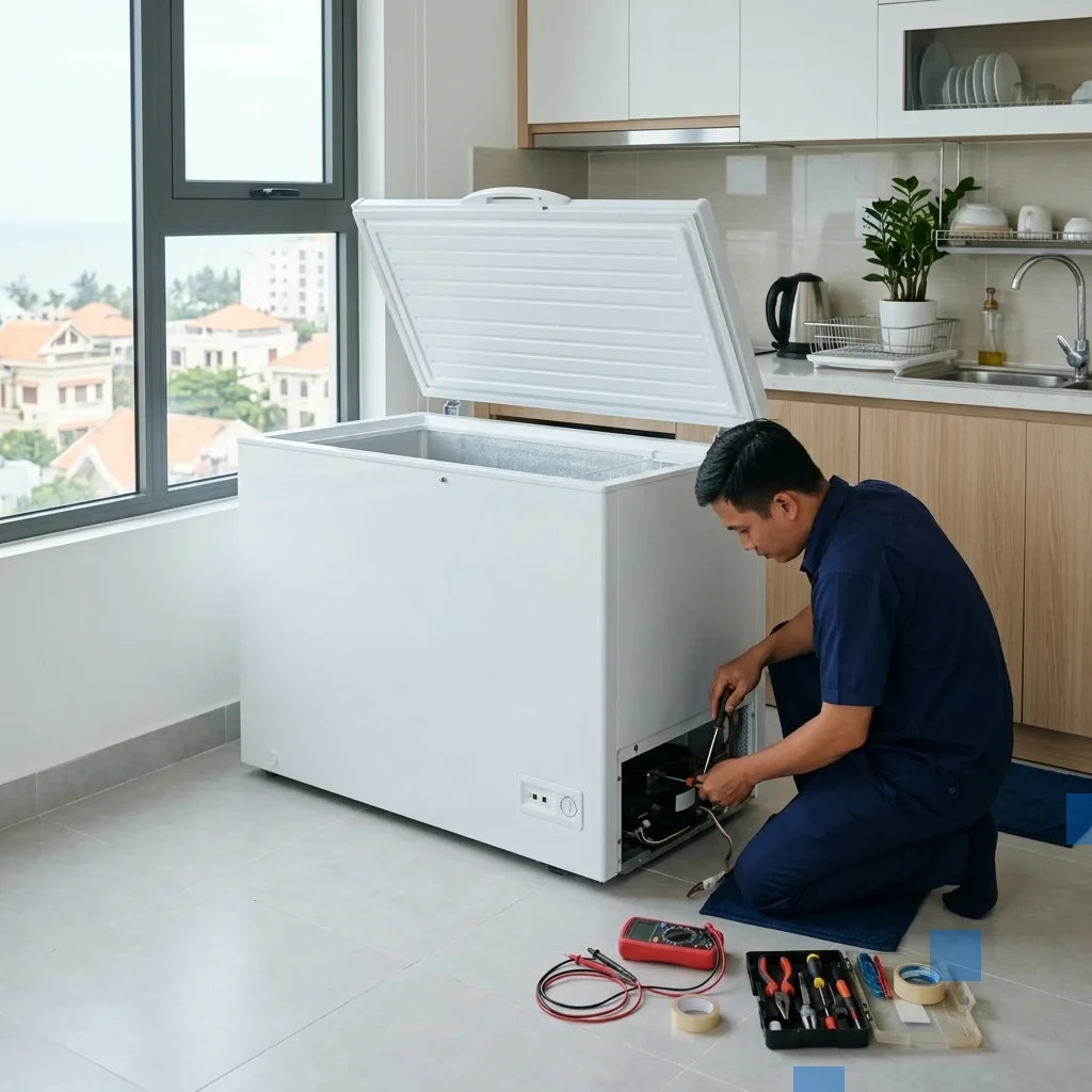 Kỹ thuật viên kiểm tra tủ đông tại nhà ở Vũng Tàu