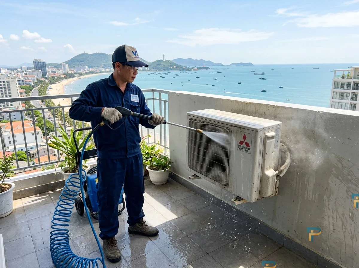 Xịt rửa dàn nóng ngoài ban công ven biển