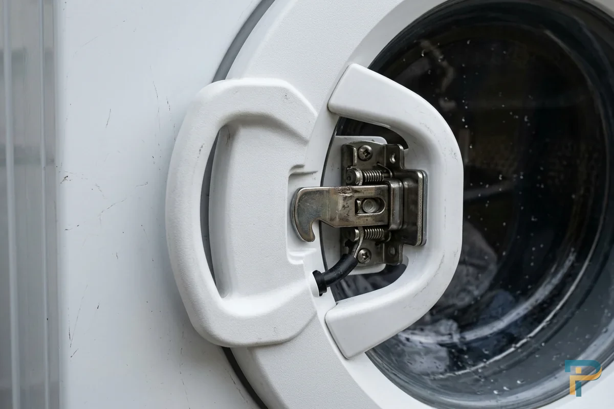 Cận cảnh chốt khóa cửa tự động trên máy giặt cửa ngang