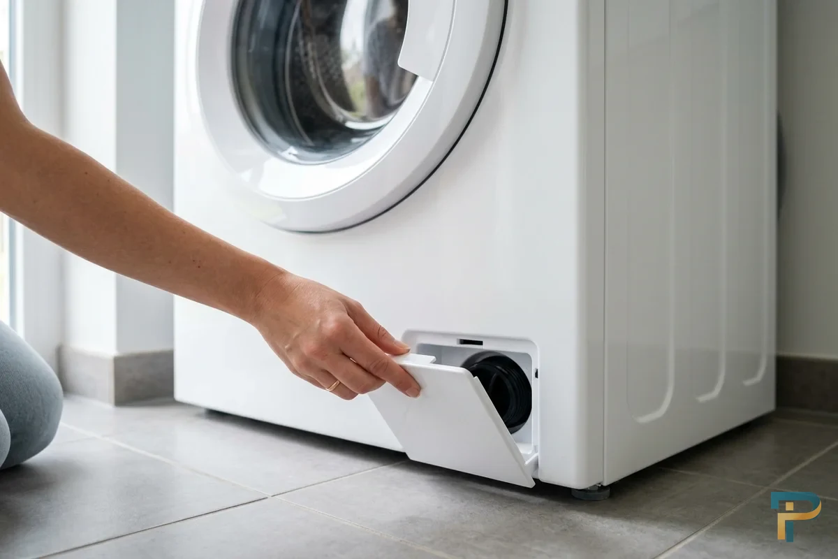 Mở van xả nước khẩn cấp ở đáy máy giặt để nhả chốt cửa