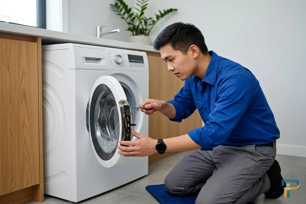 Kỹ thuật viên kiểm tra sửa công tắc cửa máy giặt tại Vũng Tàu