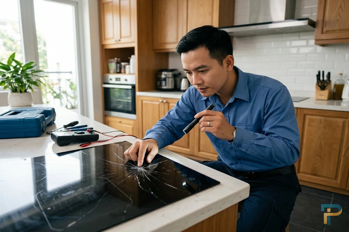 Kỹ thuật viên kiểm tra xử lý bếp từ bị nứt mặt kính tại nhà Vũng Tàu