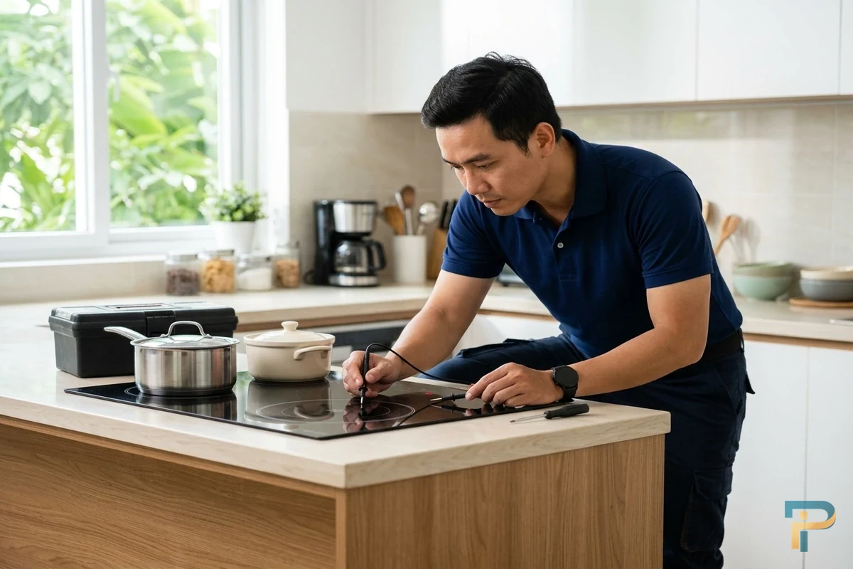 Kỹ thuật viên kiểm tra xử lý bếp từ kêu tạch tạch tại nhà Vũng Tàu