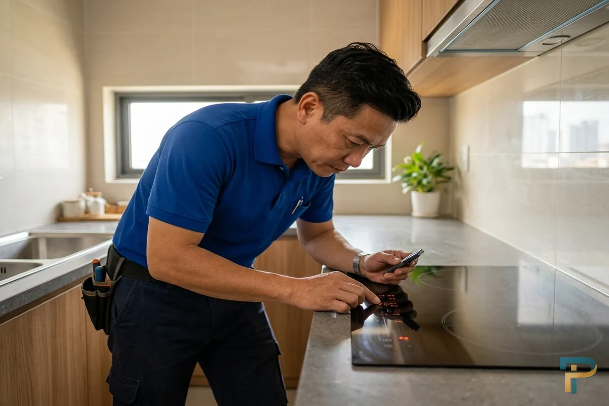 Kỹ thuật viên kiểm tra bàn phím cảm ứng bếp từ tại Vũng Tàu