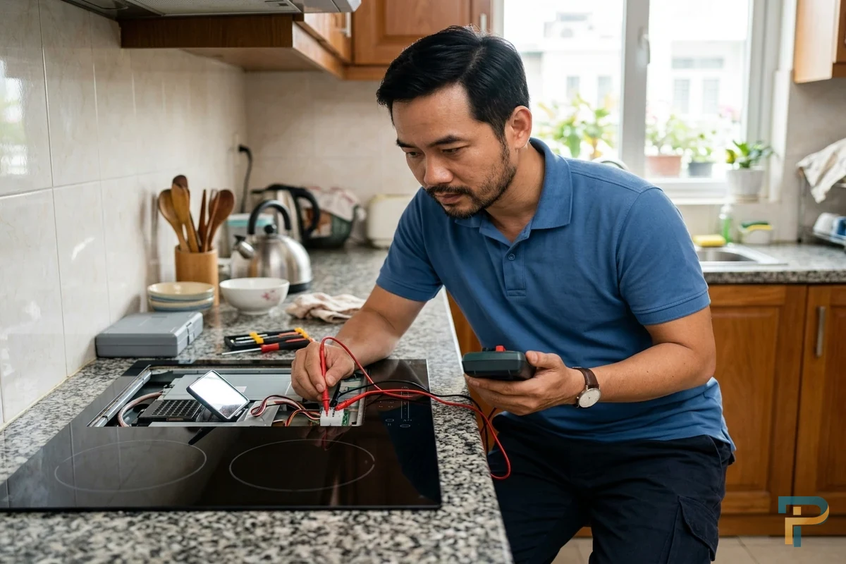 Kỹ thuật viên kiểm tra xử lý bếp từ tại nhà Vũng Tàu