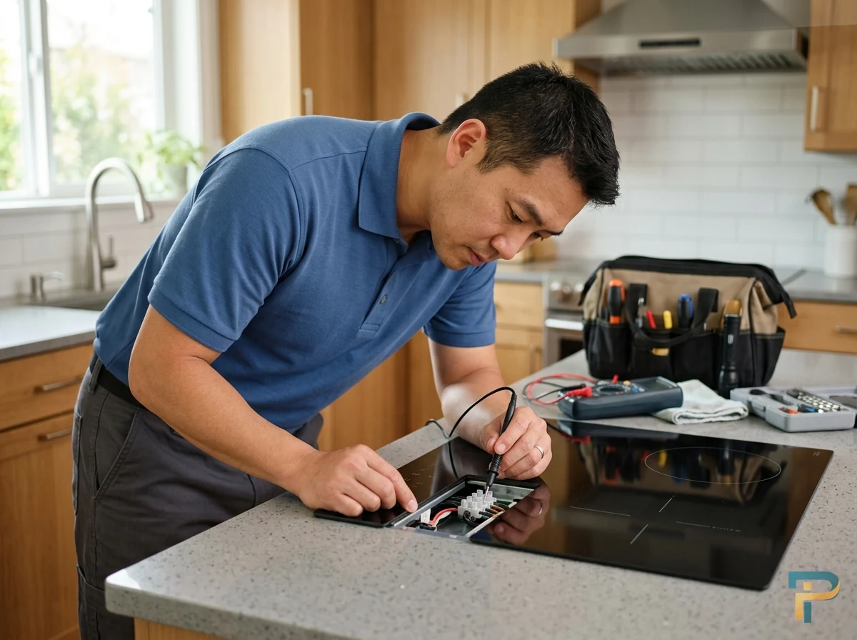 Kỹ thuật viên kiểm tra bo mạch xử lý bếp từ không tắt được tại Vũng Tàu