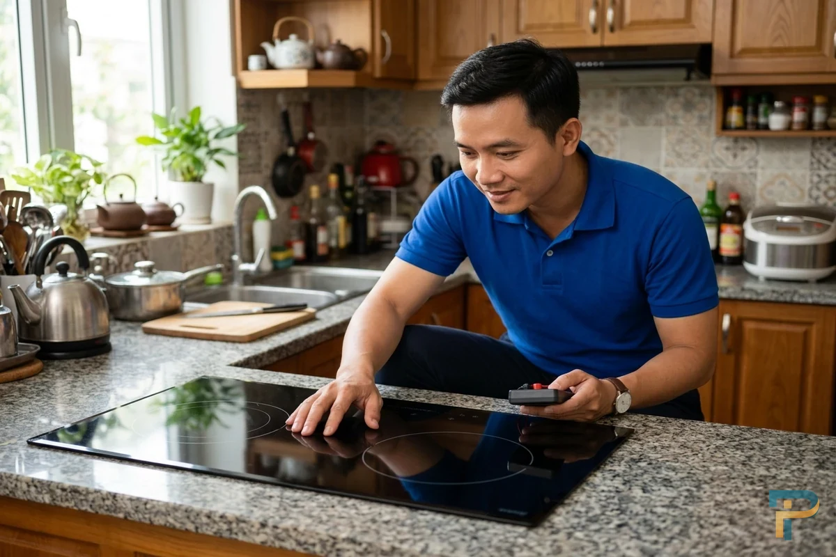Kỹ thuật viên kiểm tra xử lý bếp từ tự ngắt tại nhà Vũng Tàu