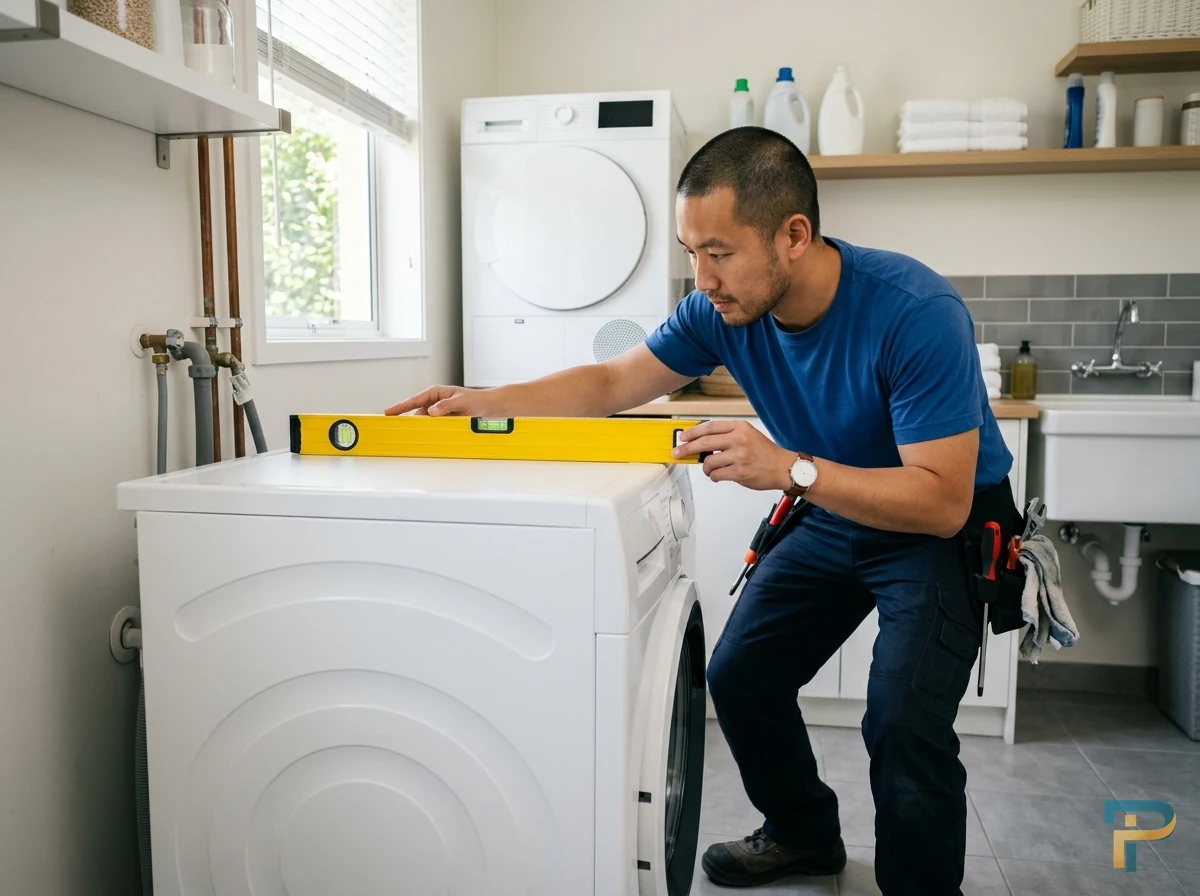 Kỹ thuật viên kiểm tra xử lý máy giặt bị rung lắc mạnh khi vắt tại Vũng Tàu