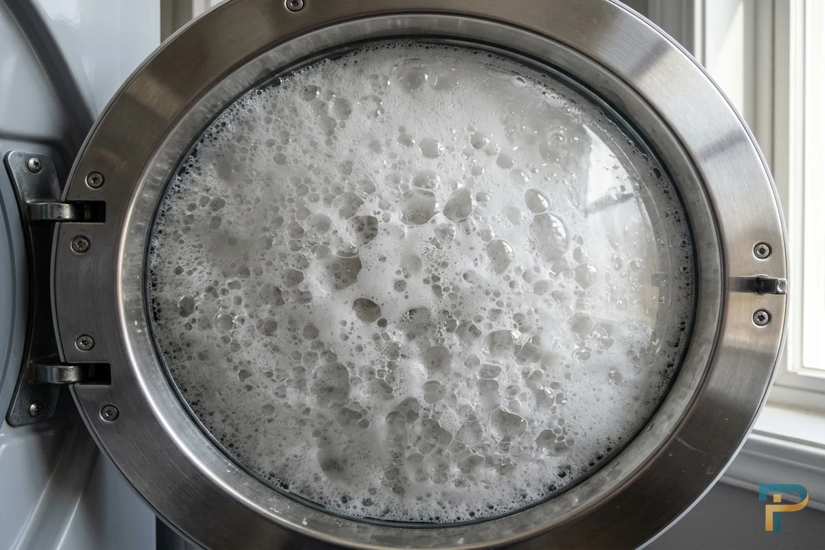 Bọt xà phòng dày đặc bên trong lồng giặt của máy giặt