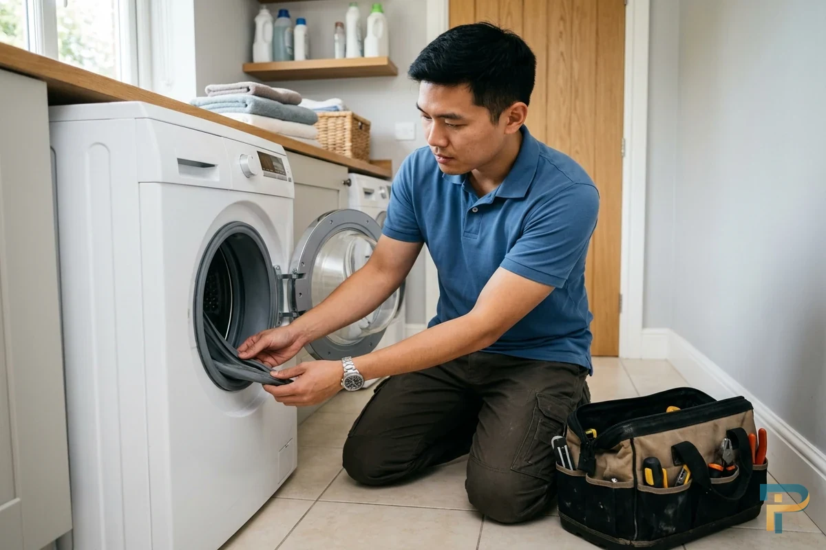 Kỹ thuật viên kiểm tra xử lý máy giặt bị trào bọt tại nhà Vũng Tàu