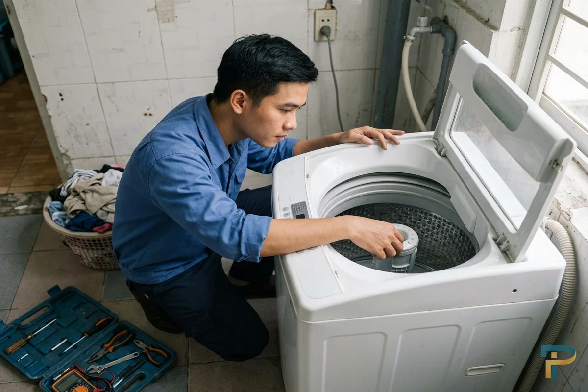 Kỹ thuật viên kiểm tra lồng giặt xử lý máy giặt bị xoắn quần áo tại Vũng Tàu