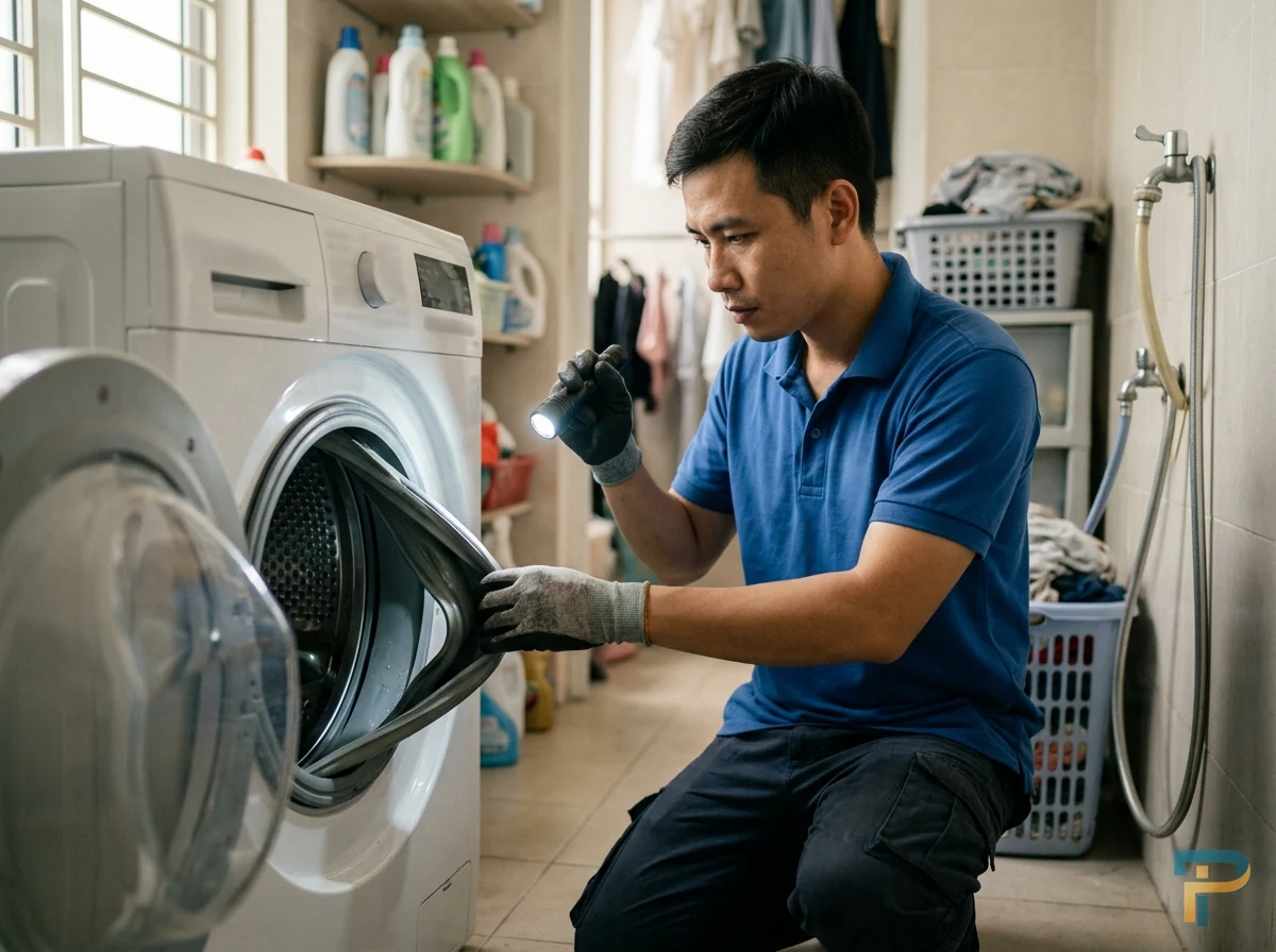 Kỹ thuật viên kiểm tra xử lý máy giặt làm rách quần áo tại nhà Vũng Tàu