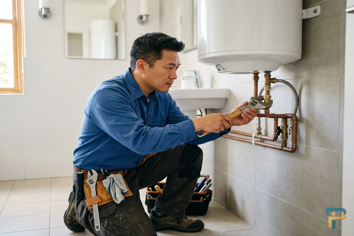 Kỹ thuật viên kiểm tra xử lý máy nước nóng bị rỉ nước tại nhà Vũng Tàu