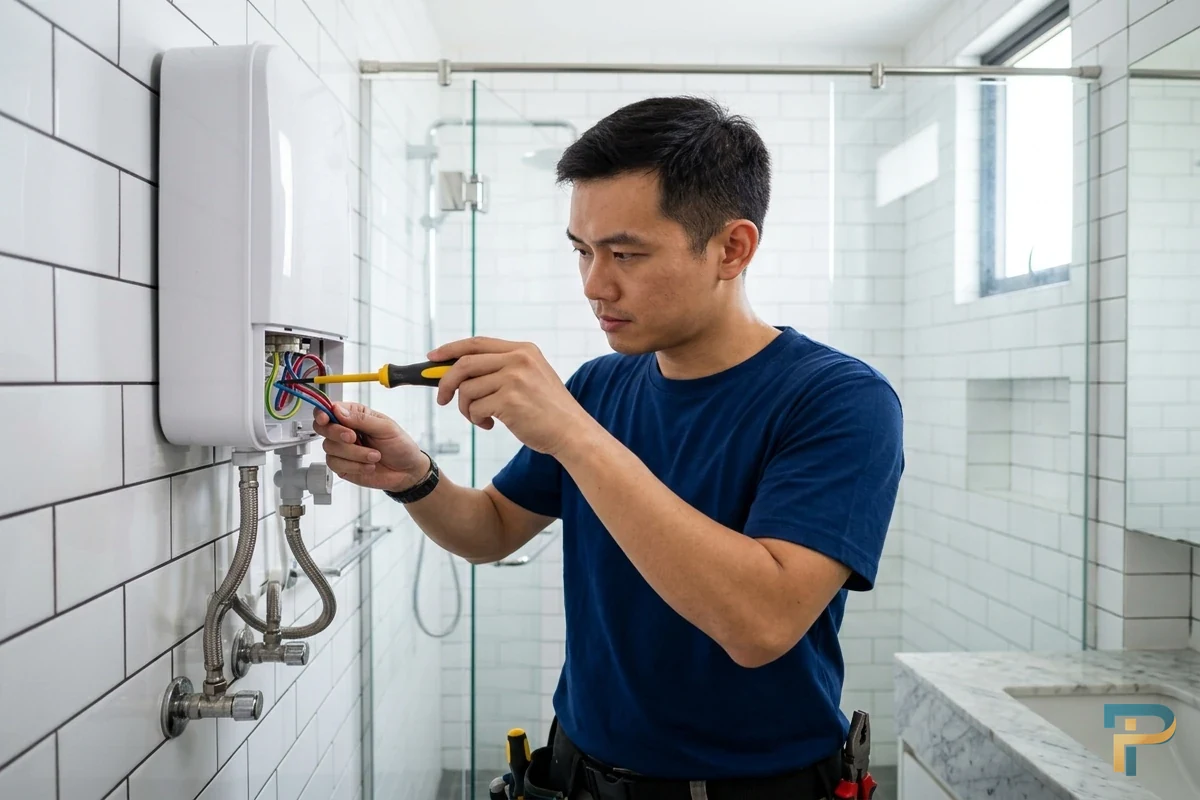 Kỹ thuật viên kiểm tra xử lý máy nước nóng có mùi khét tại Vũng Tàu