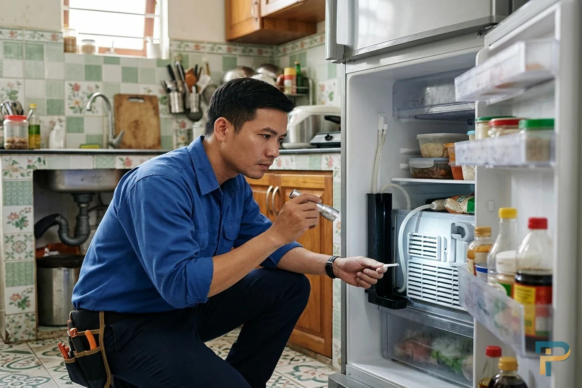 Kỹ thuật viên kiểm tra xử lý tủ lạnh bị đọng nước ngăn mát tại Vũng Tàu