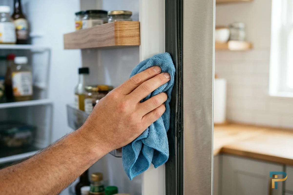 Vệ sinh đường viền gioăng cao su tủ lạnh bằng khăn mềm ẩm