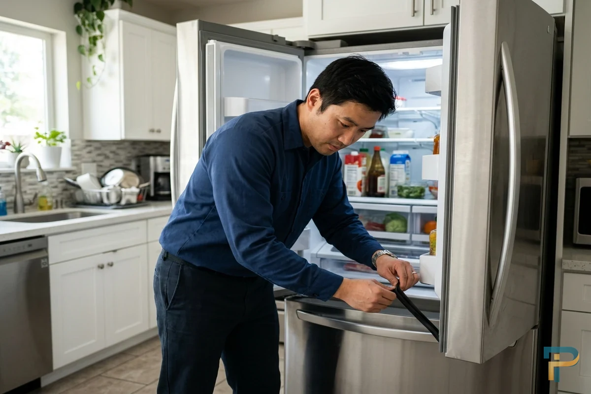 Kỹ thuật viên kiểm tra xử lý tủ lạnh đóng cửa không kín tại nhà Vũng Tàu