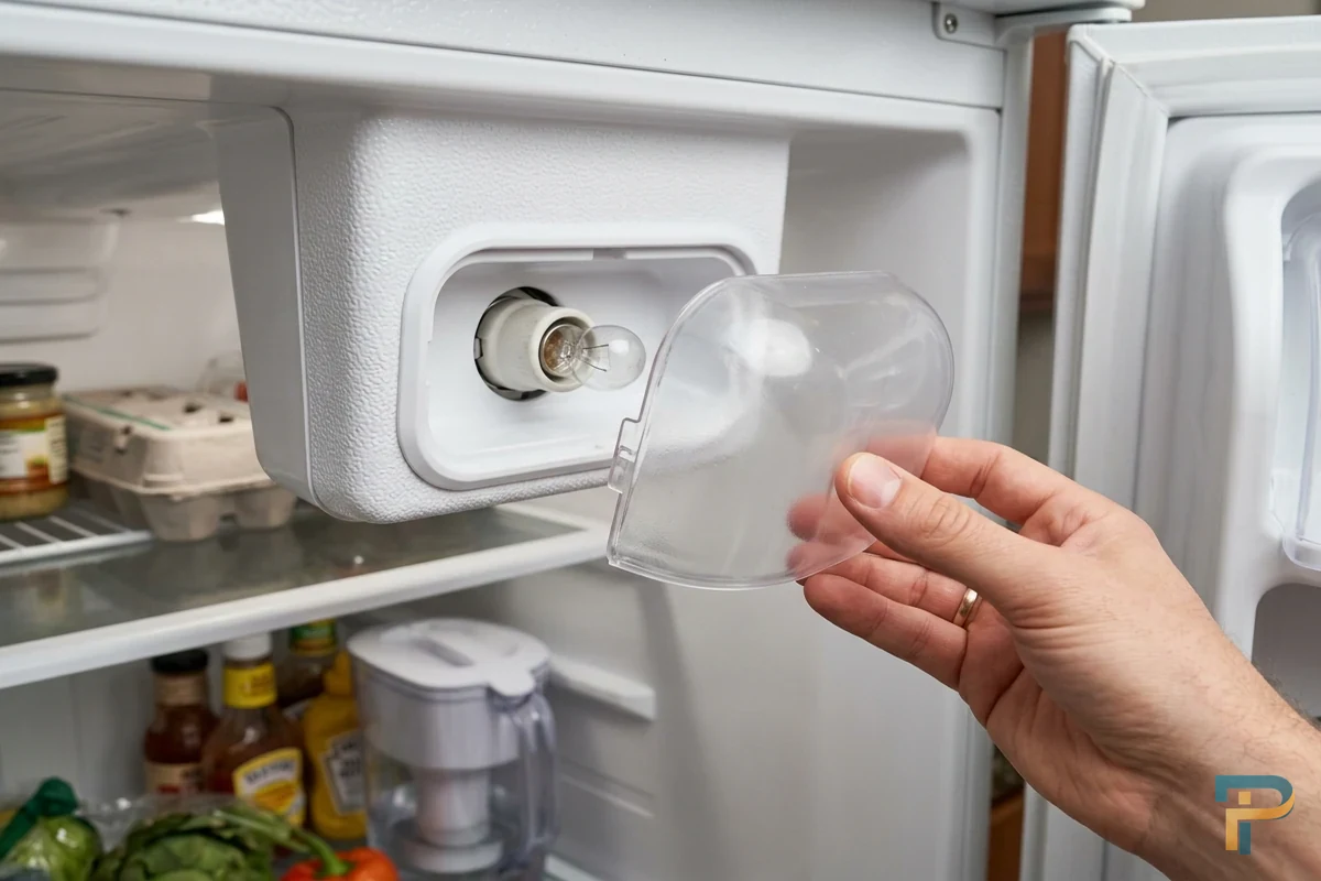 Tháo nắp bảo vệ bóng đèn chiếu sáng bên trong tủ lạnh
