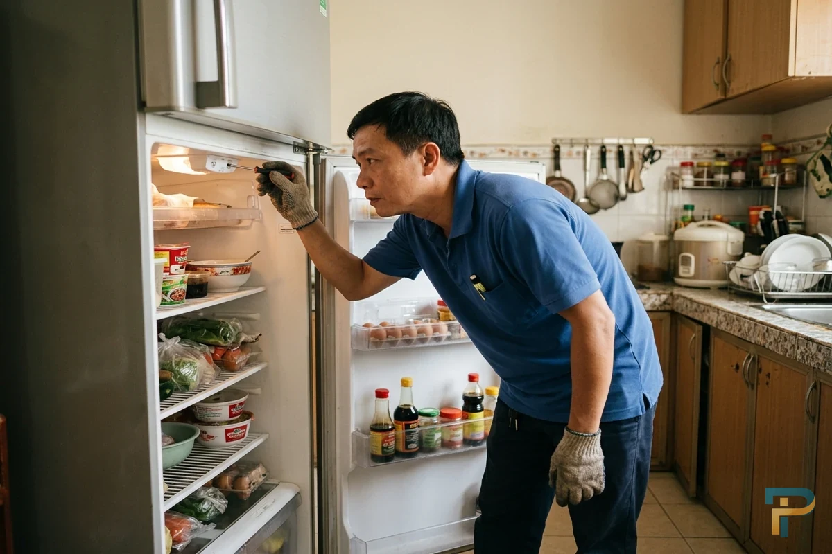 Kỹ thuật viên kiểm tra xử lý tủ lạnh không sáng đèn tại nhà Vũng Tàu