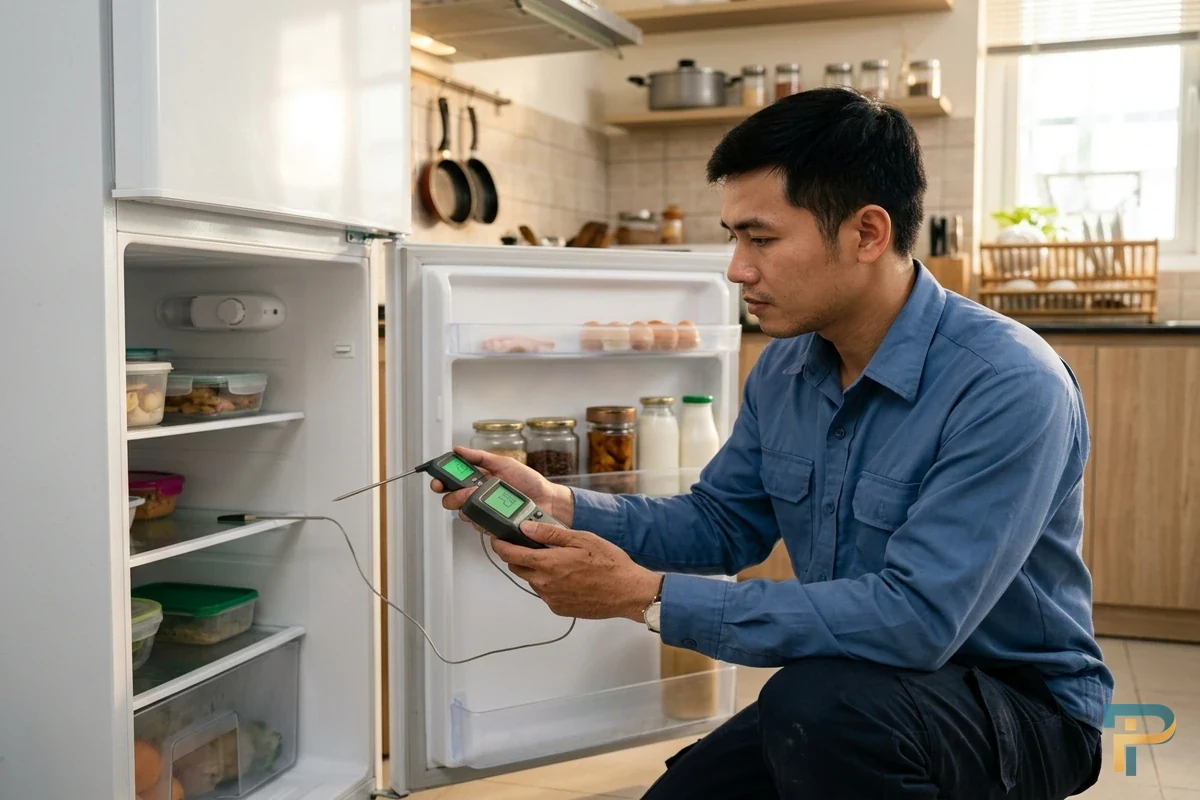 Kỹ thuật viên kiểm tra xử lý tủ lạnh ngăn mát bị đóng đá tại Vũng Tàu